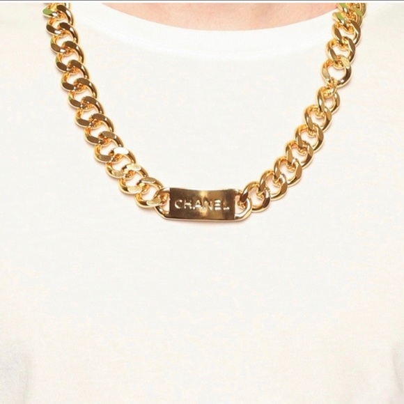 CHANEL 24k Flash Gold Plated Logo ID Necklace Curb Chain Unisex - Picture 1 of 12